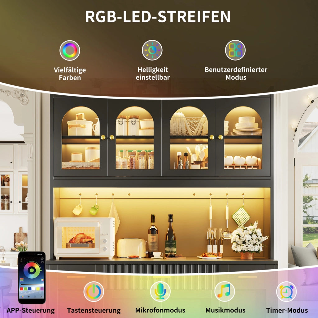 Colonna cucina 120 cm nera con LED RGB e ripiani estraibili