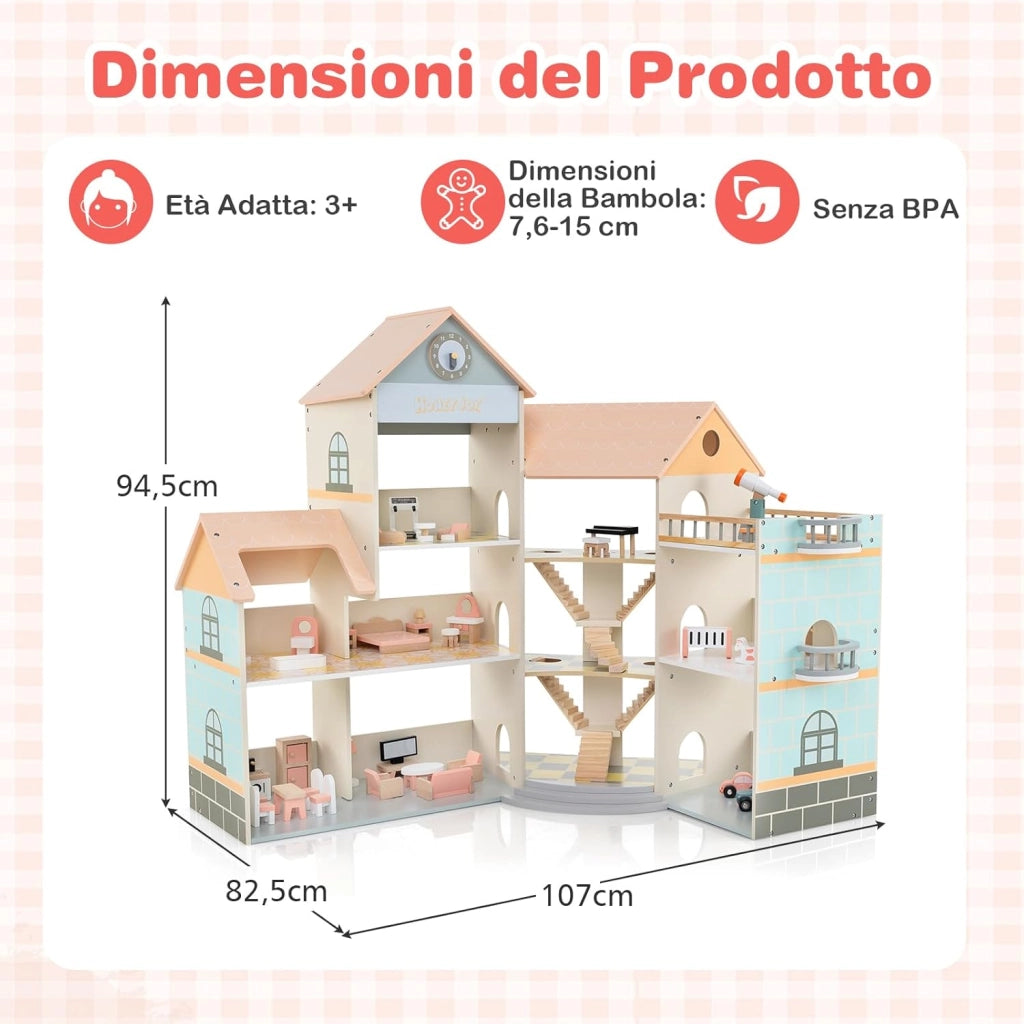 Casa delle Bambole in Legno, Casetta delle Bambole a 3 Piani con 41 Mobili e Accessori, Giocattolo per Bambini 3+ Anni,107 x 82,5 x 94,5 cm (Arancione)