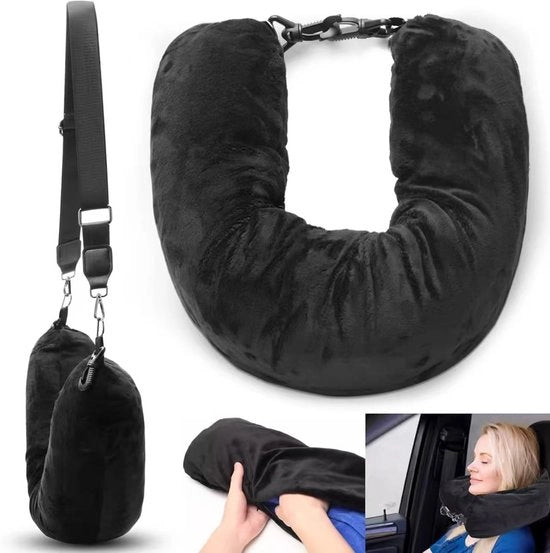 Cuscino gonfiabile - Cuscino portatile - Cuscino a forma di U - Borsa di stoccaggio gonfiabile per abbigliamento - Cuscino per viaggio - Cuscino gonfiabile per viaggiare - Cuscino gonfiabile senza riempimento (nero)