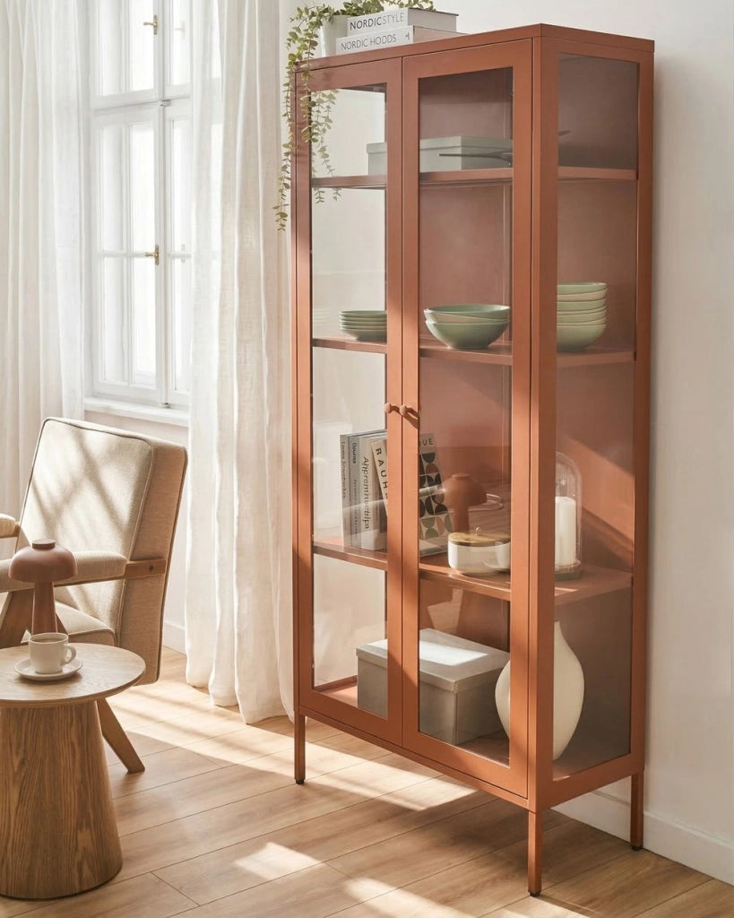 Credenza in acciaio con 2 ante ed elementi in vetro metallo dorato stile contemporaneo industriale sala da pranzo soggiorno