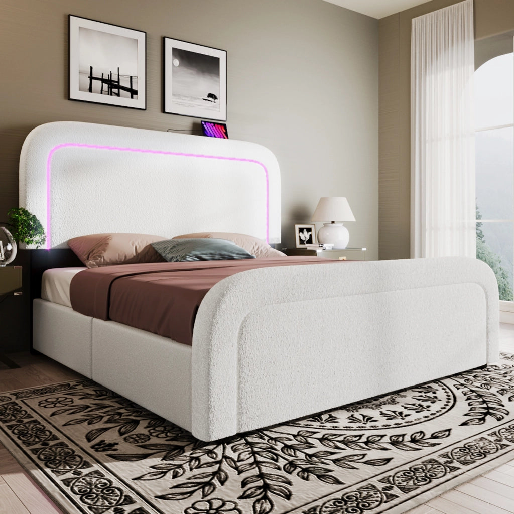 LETTO 160x200 cm Sherpa Bianco con USB Type-C, LED e 4 Cassetti