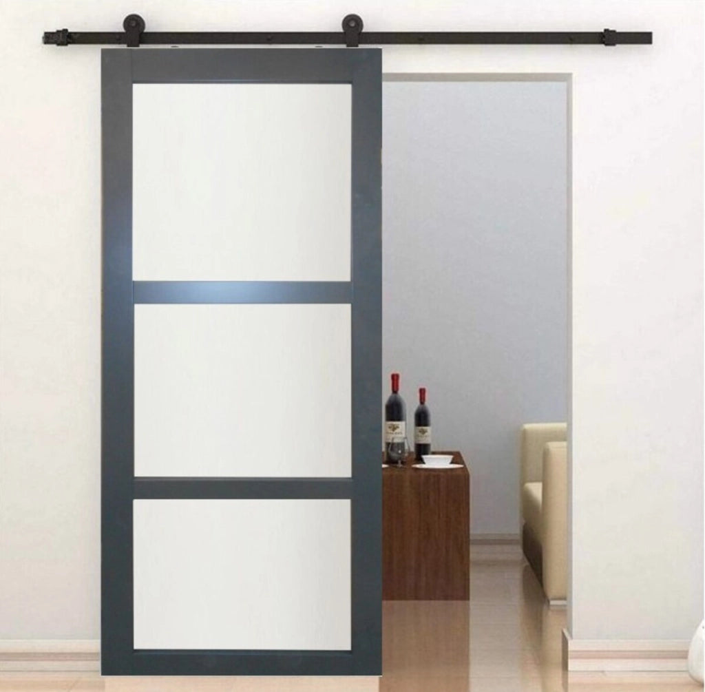 Porta scorrevole 'Blakeria' rivestita in grigio antracite larghezza 83 Ral 7016 + binario a rullo nero
