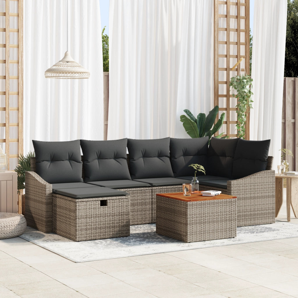 Set Divano da Giardino 7 Pezzi con Cuscini Grigio in Rattan Poli