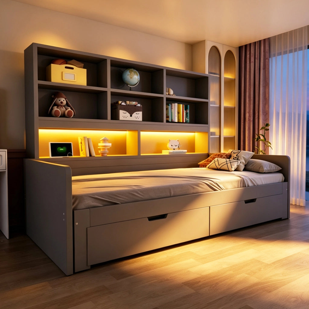 Letto divano estensibile 90x200/180x200 cm con LED; USB; cassetti e ripiani aperti; legno grigio