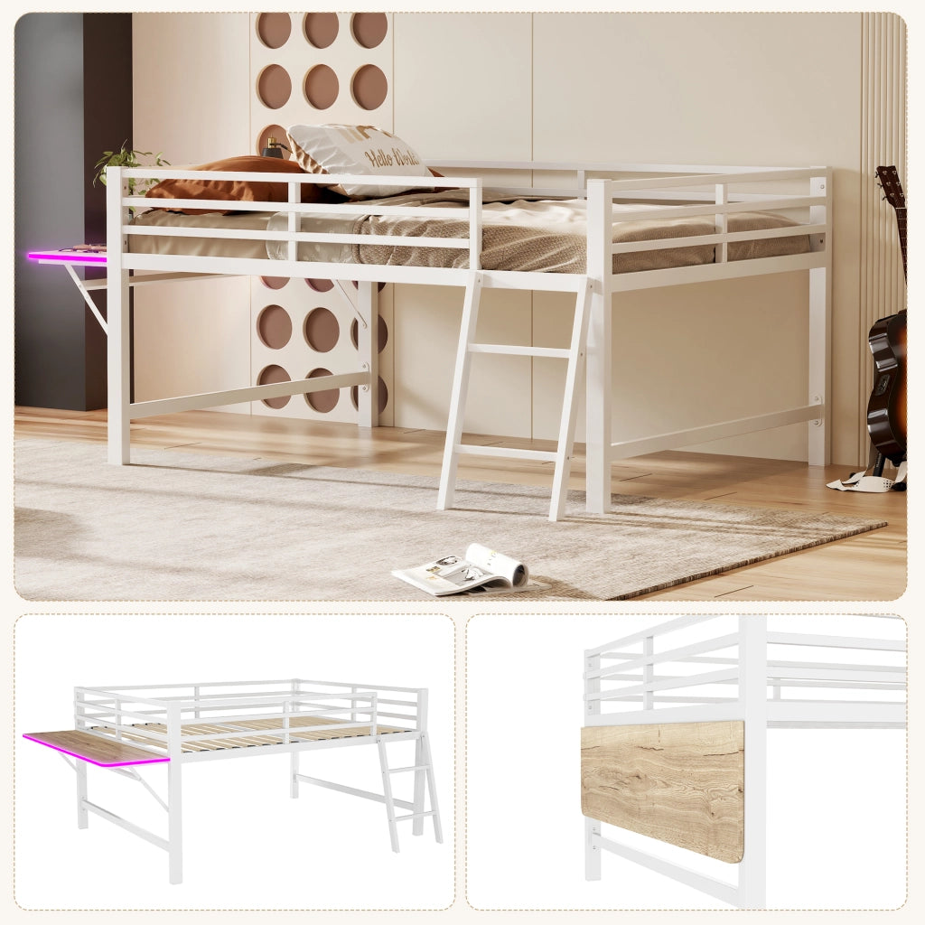 Letto a soppalco 140 × 200 cm con scrivania pieghevole, LED, sponde e scala, senza materasso, bianco