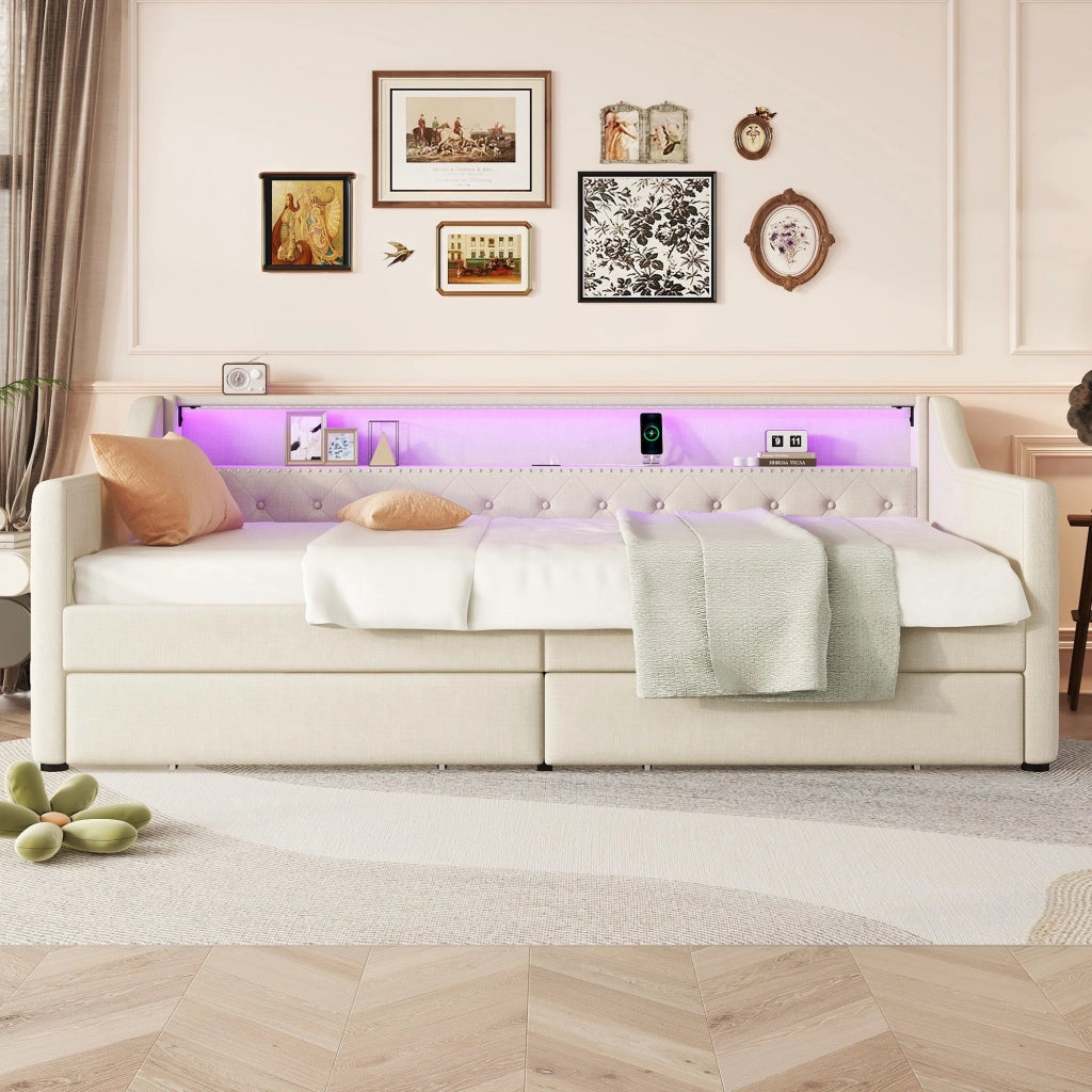 OKWISH Letto a Divanetto 90×200 cm, Letto Singolo con LED Multicolore, 2 Cassetti, USB e Telecomando, senza Materasso, in Lino, Beige