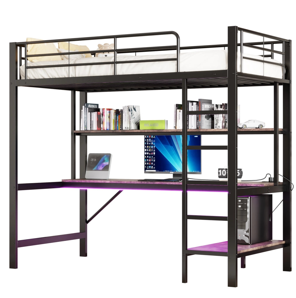 Letto a soppalco con scrivania, scaffale, luci LED e prese USB