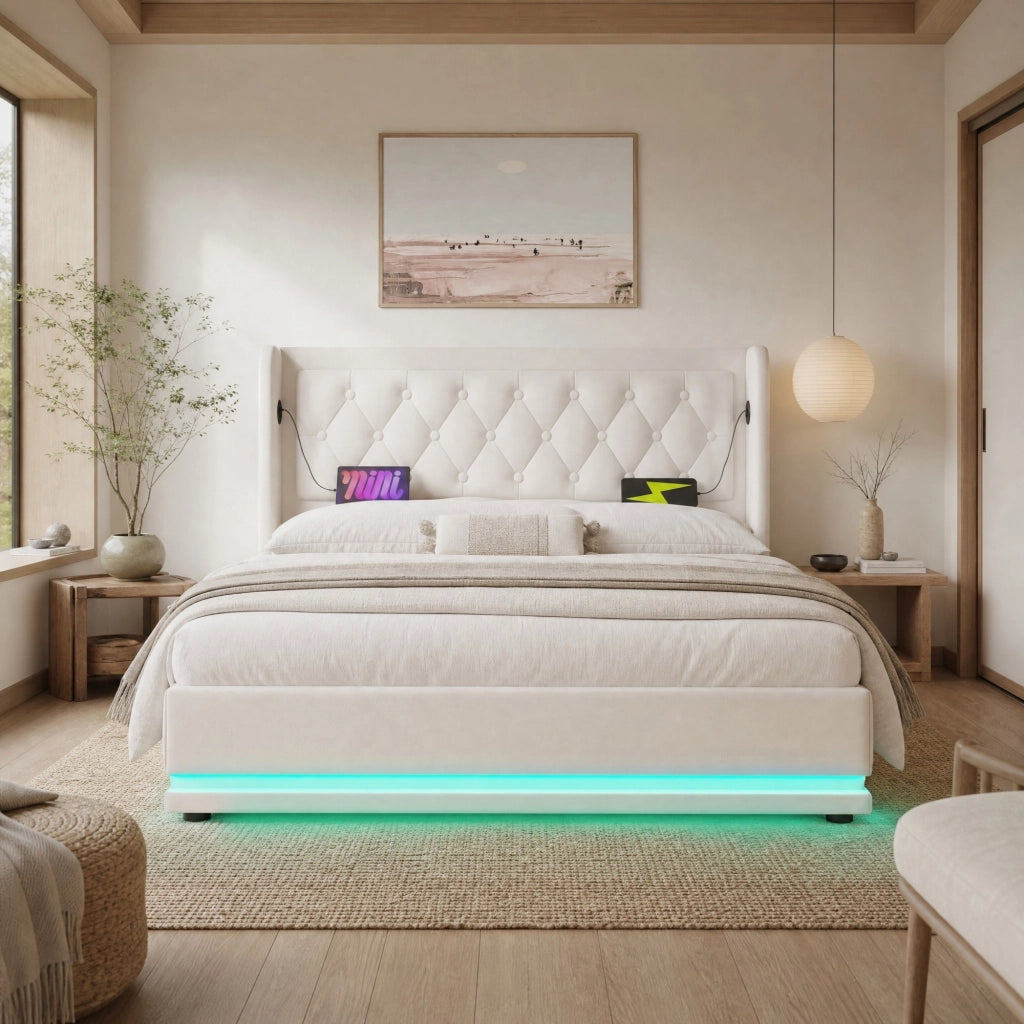 Letto matrimoniale 140x200 cm imbottito in PU bianco con contenitore; USB e LED