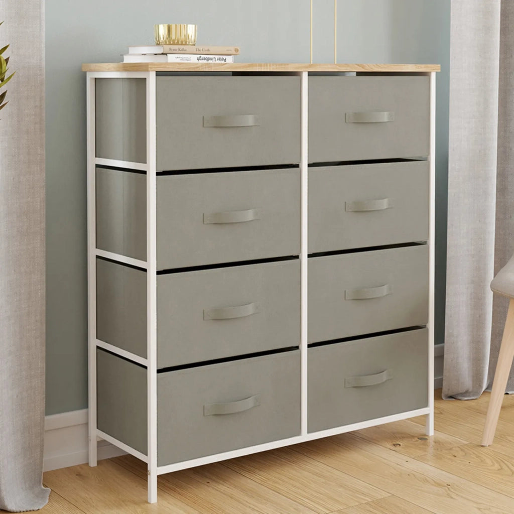 IDMarket - Arcón de 8 cajones en tejido ALTA 80 cm gris claro con tapa efecto madera