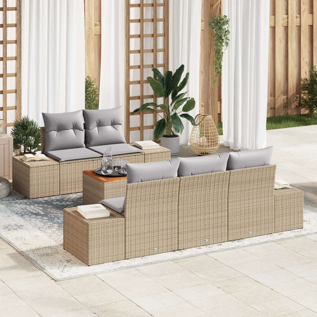 Set di Divani da Giardino 6 Pezzi con Cuscini Beige Polyrattan Acacia
