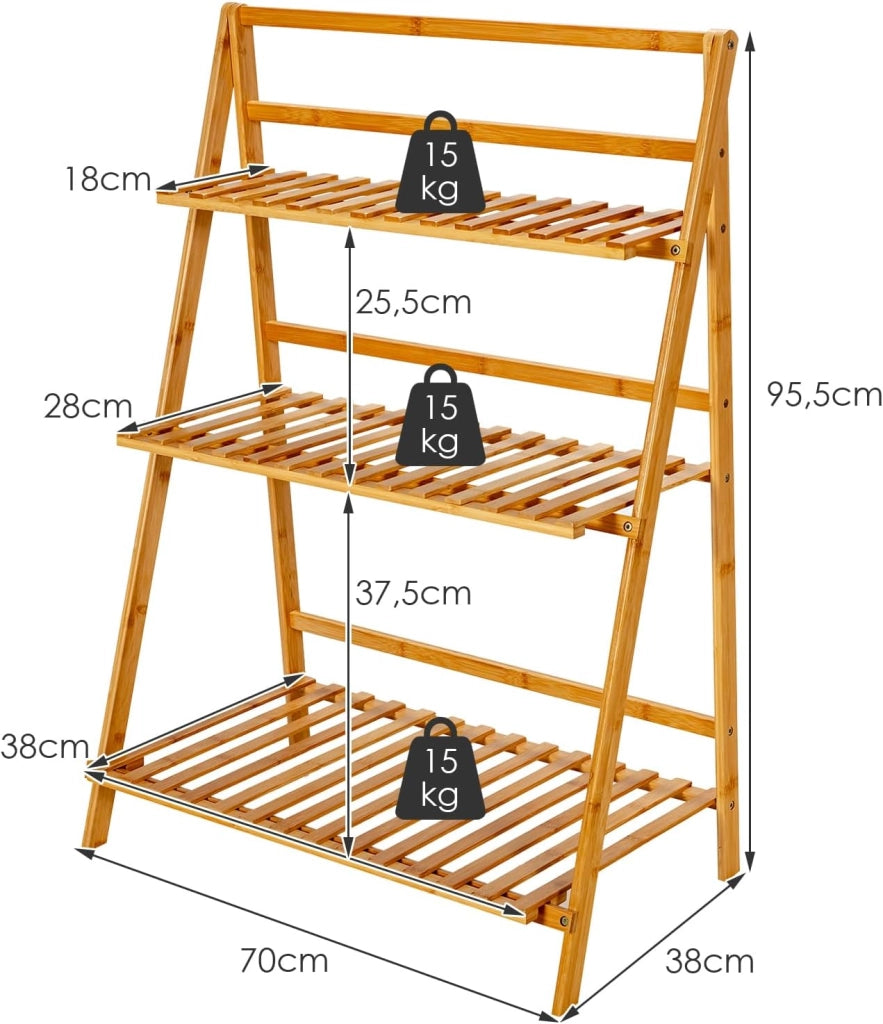 Scaffale Porta Piante Pieghevole in Bambù, Scaffale a Scala per Piante e Fiori con 3 Ripiani, Portapiante da Interno ed Esterno, Ideale per Terrazza, Giardino, Balcone e Portico