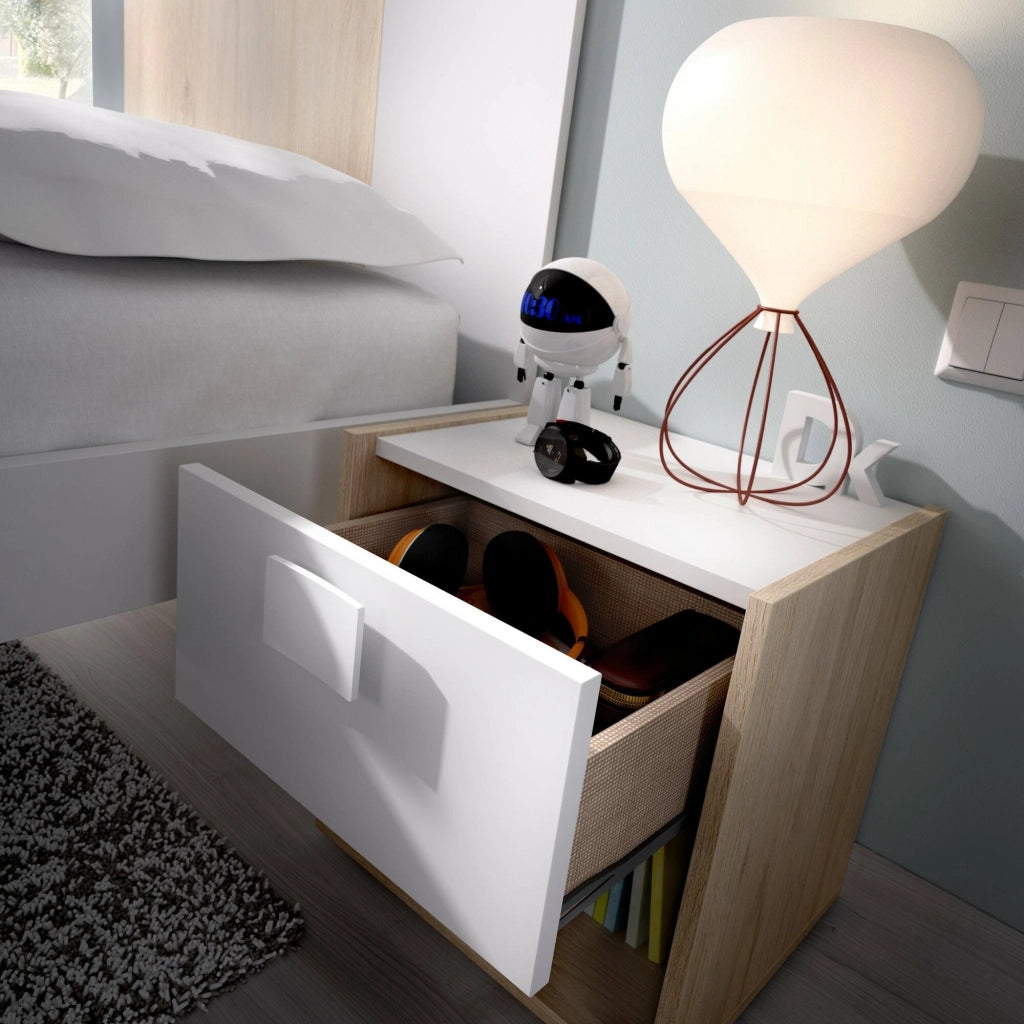 Comodino Artica, Tavolino da notte, ComÒ² basso a 1 cassetto, 40x33h42 cm, Bianco e Rovere