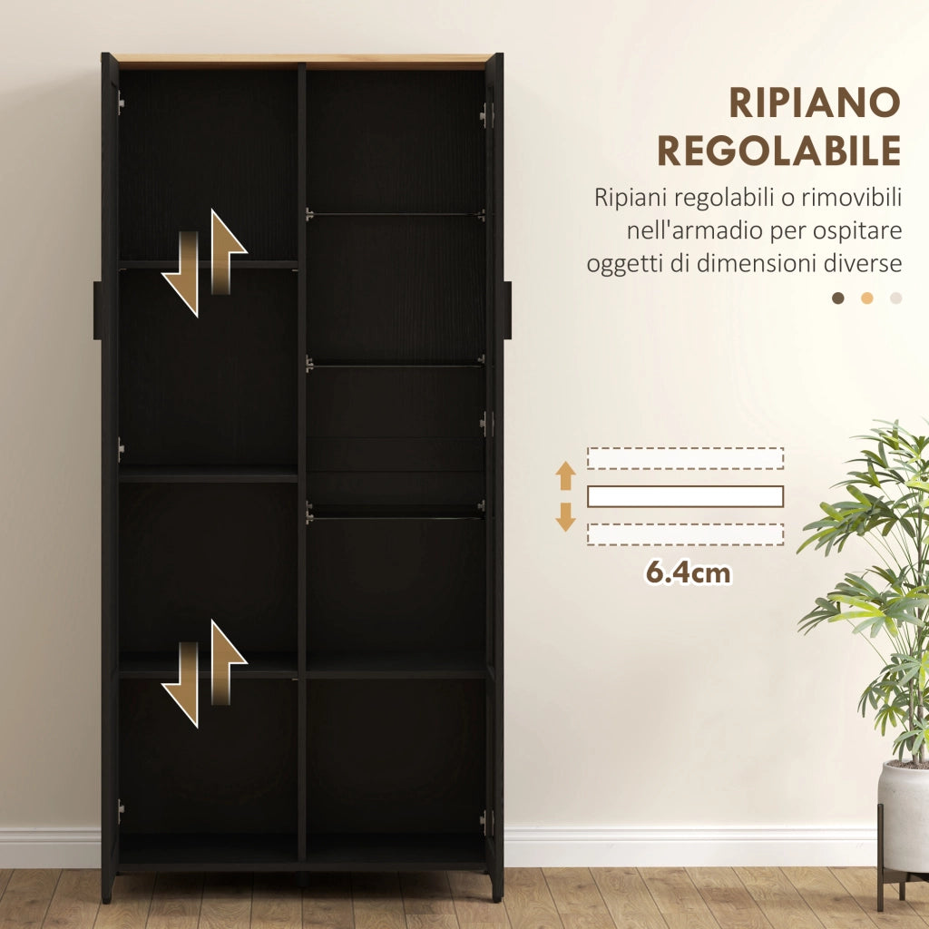 Mobile Dispensa Cucina in Legno a 9 Ripiani Regolabili con Ante in Vetro, 76x36x160 cm, Nero e color Legno