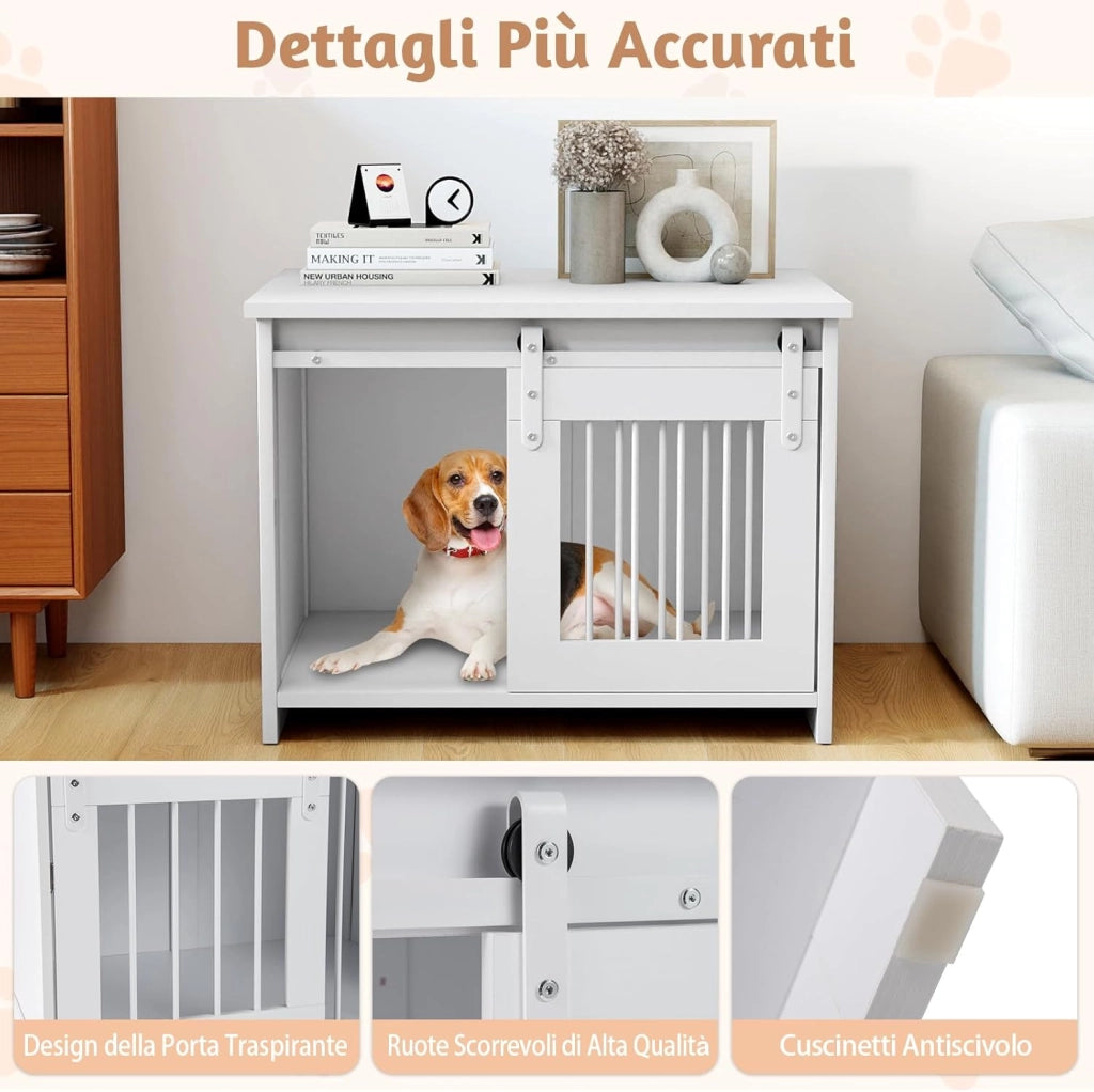 Cuccia per Cani da Esterno ed Interno, Gabbia in Legno con Ampio Piano Superiore, Porta Scorrevole, Tubi in Metallo Resistenti alla Masticazione, Casetta per Cani Piccoli e Medie (Bianco)