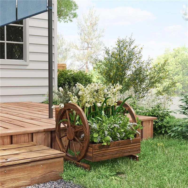FIORIERA DA ESTERNO A 3 LIVELLI CON RUOTE DECORATIVE IN LEGNO DI ABETE CARBONIZZATO, 62X61X57 CM