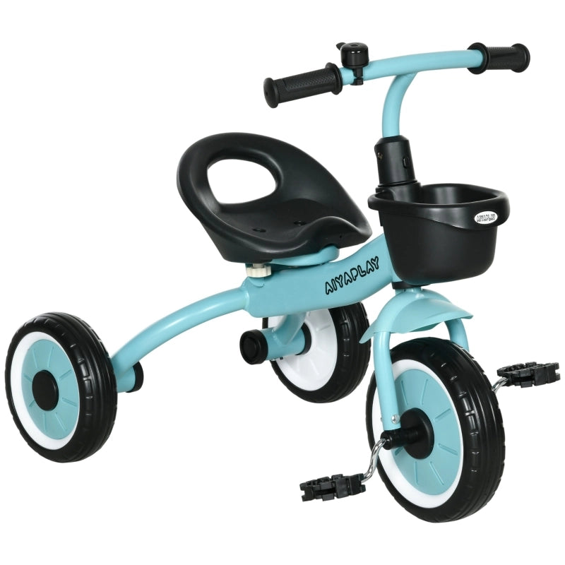 Triciclo Bambini 2-5 Anni, Telaio in Metallo, Sedile Regolabile in Altezza, Campanello e Cesto, Blu