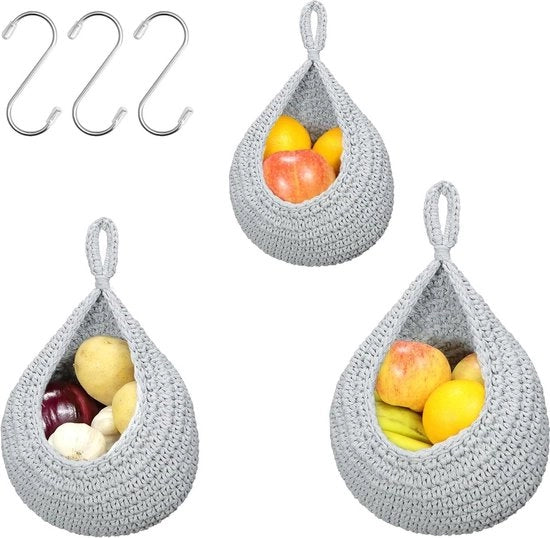 Tre pezzi di cesto per verdura e frutta da appendere alla parete - cesto in juta a mano intrecciata - forma gocce d'acqua - cucina soggiorno veranda