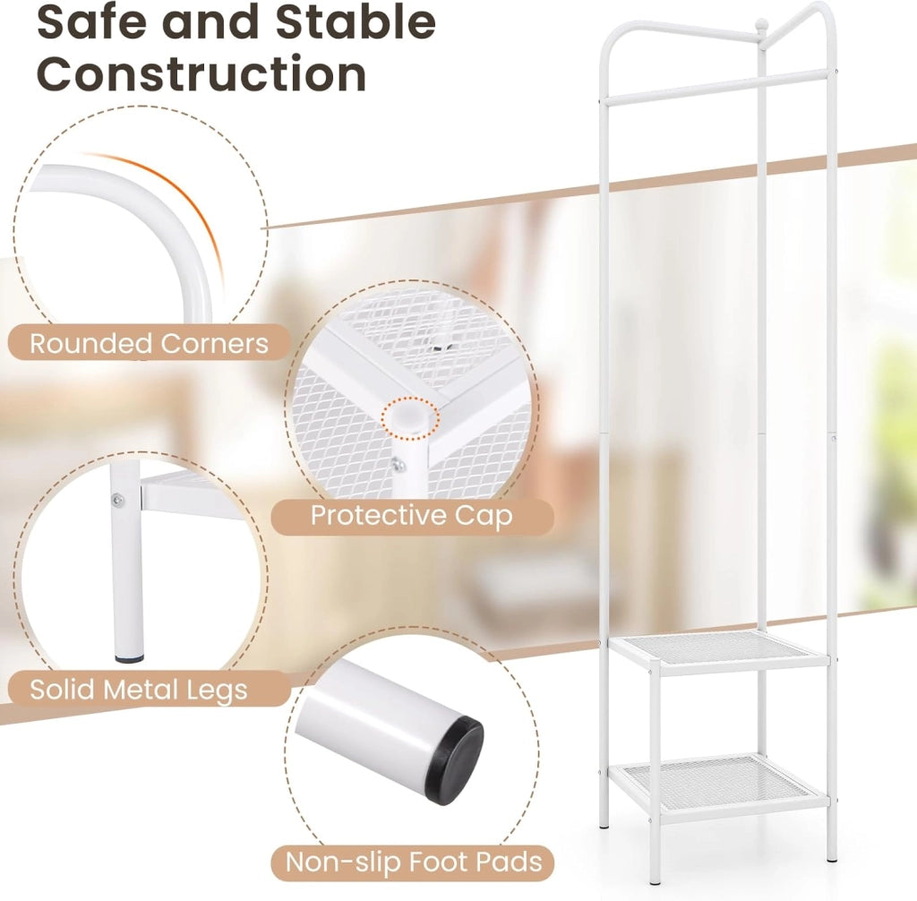 Appendiabiti Salvaspazio, Bastone Appendiabiti con Scaffale Scarpe a 2 Piani, con Protezione Antiribaltamento e Piedini Antiscivolo, Stand Appendiabiti per Ingresso e Camera da Letto (Bianco)