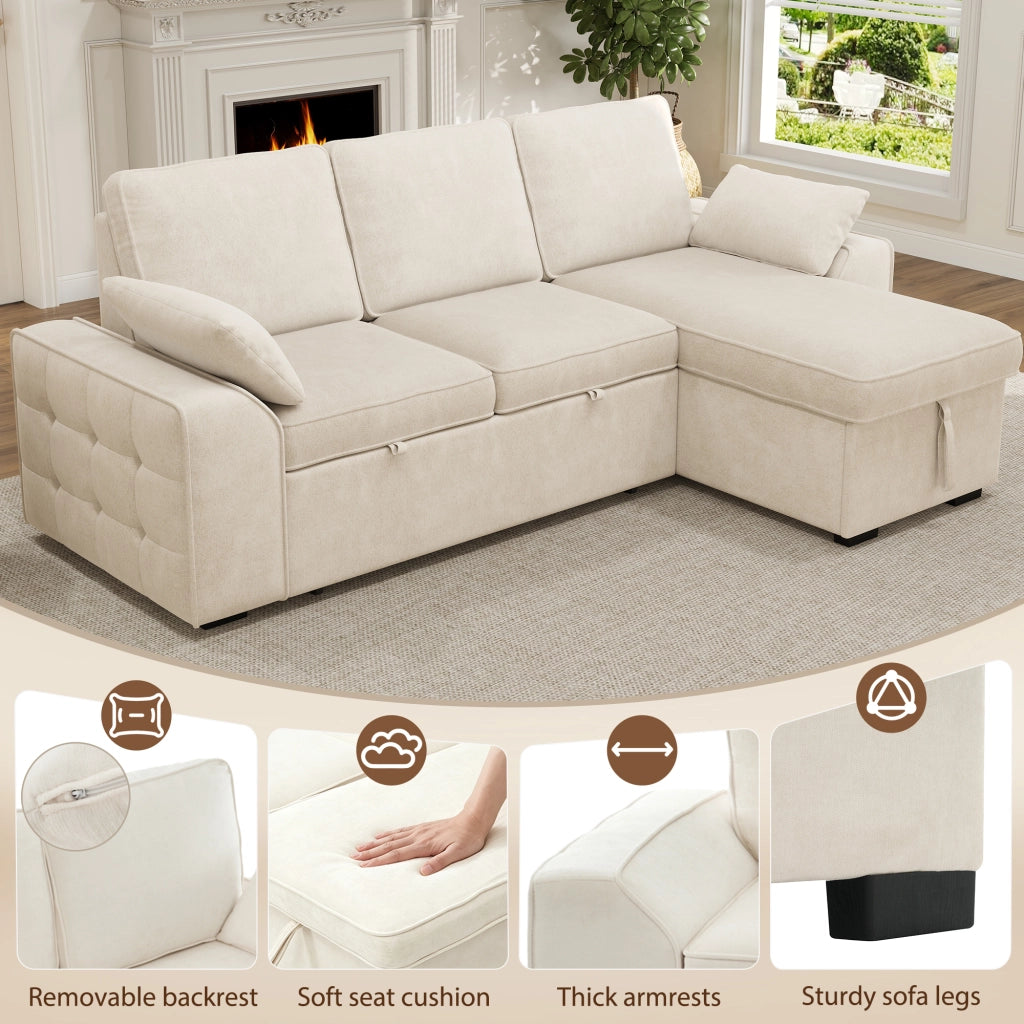 Divano angolare 3 posti - con funzione letto e contenitore - per soggiorno - in chenille beige