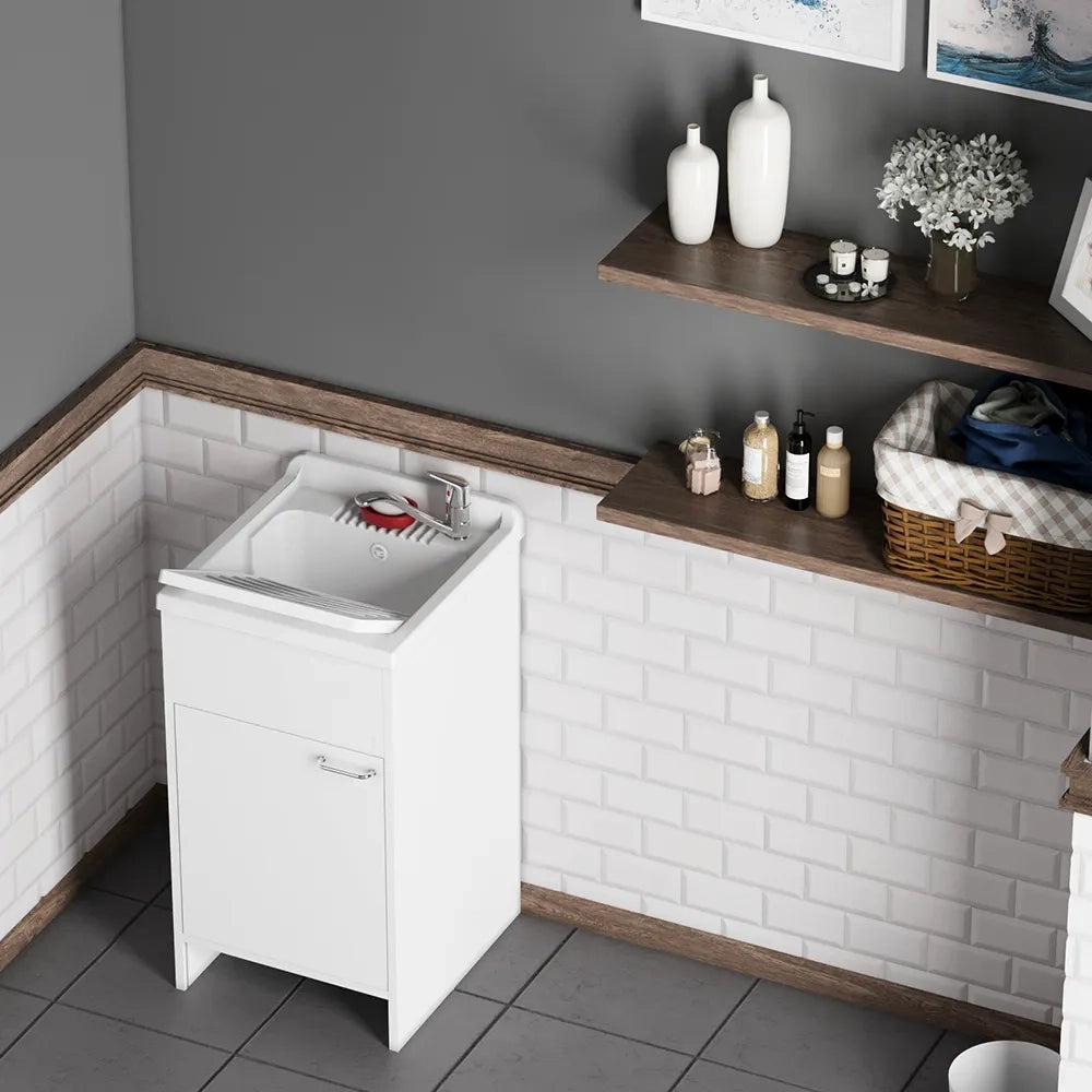 Mobile lavatoio in kit per esterni 50x50 cm in PVC bianco - vasca e asse in PP, sifone e troppopieno | Junior