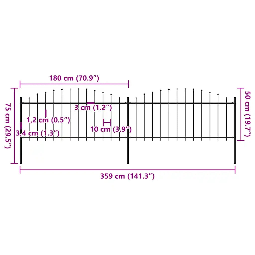 Recinzione Giardino Punta a Lancia (0,5-0,75)x3,4m Acciaio Nera 277704