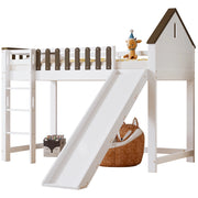 Letto a Soppalco 90x200 cm con Scivolo; Scala a 3 Gradini e Tetto - Bianco