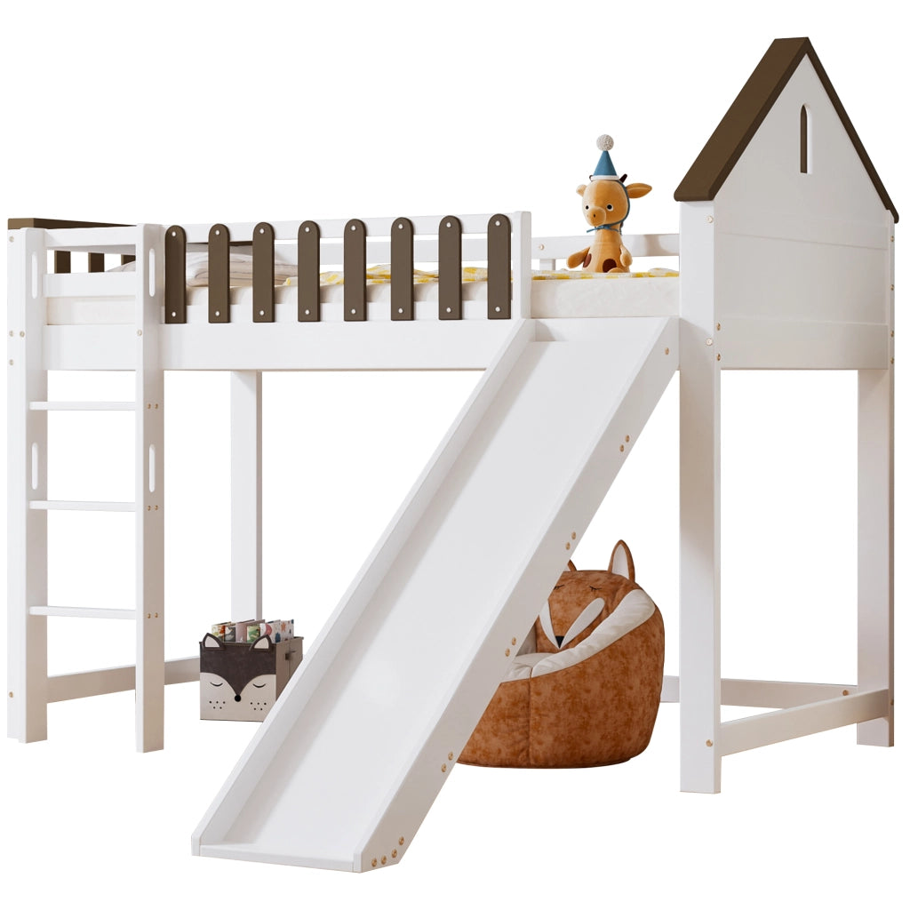 Letto a Soppalco 90x200 cm con Scivolo; Scala a 3 Gradini e Tetto - Bianco
