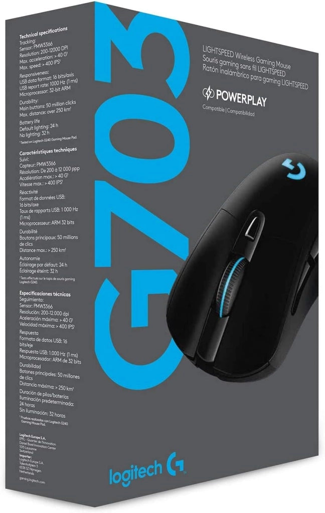 Logitech G G703 LIGHTSPEED Mouse Gaming Wireless, Sensore HERO 25K, LIGHTSYNC RGB, POWERPLAY-compatibile, Leggero 95 g e 10 g Opzionale, 25600 DPI, PC-Mac, Nero