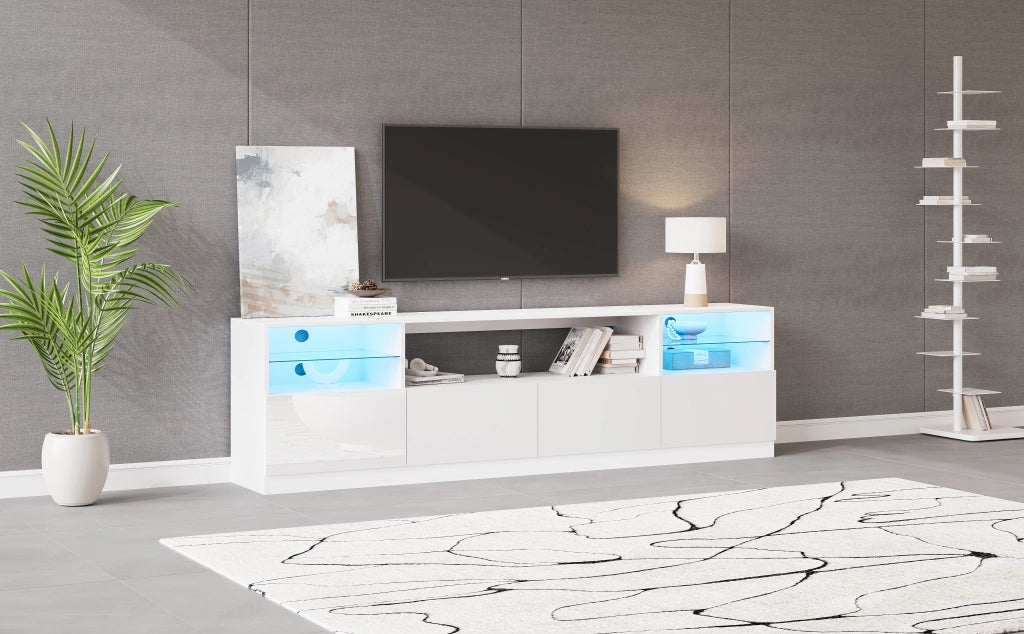 Mobile porta TV con LED, 4 ante e 8 vani contenitore, per soggiorno, in truciolato bianco lucido, 180 × 35 × 60 cm
