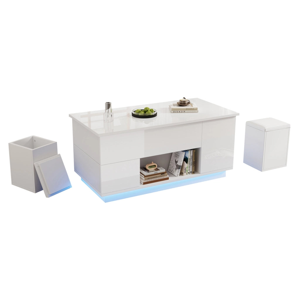 Tavolino da salotto sollevabile 100x50x45 cm in truciolare bianco con LED; 2 cassetti e 2 sgabelli