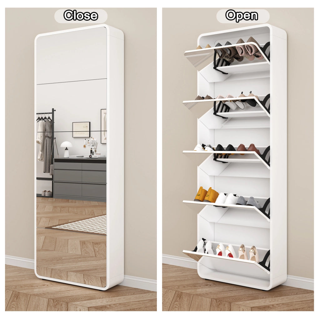 Scarpiera a ribalta con specchio a figura intera; 63×19;6×176;5 cm; MDF bianco