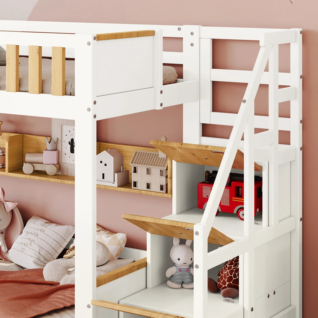 Letto a Castello 90x200 cm; Letto Singolo 2 Posti; Scala Contenitore; 2 Cassetti; Bianco e Naturale