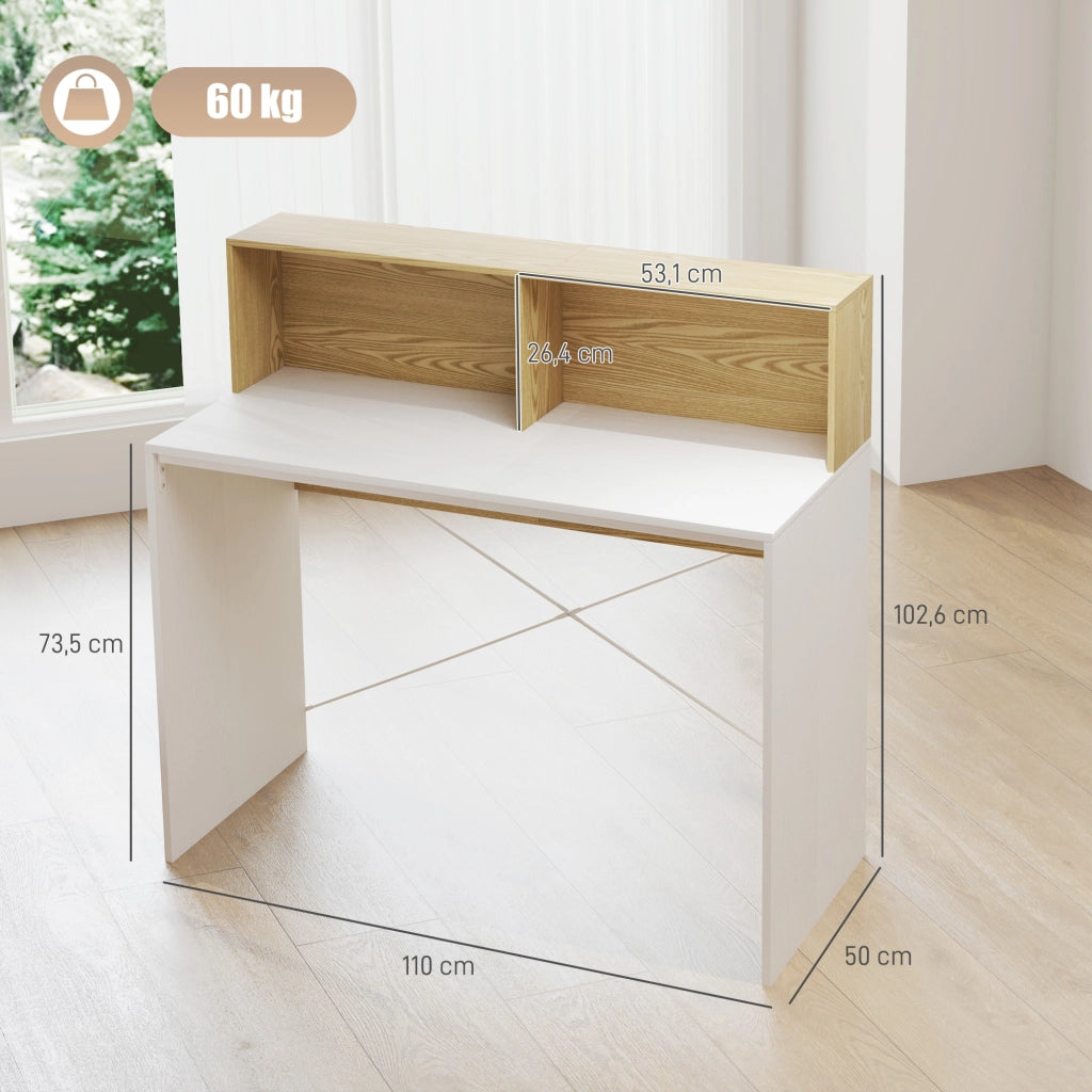 Scrivania con scaffale e 2 cassetti ¨C Zephmum ¨C Bianco e legno naturale 110x50x102,6 cm
