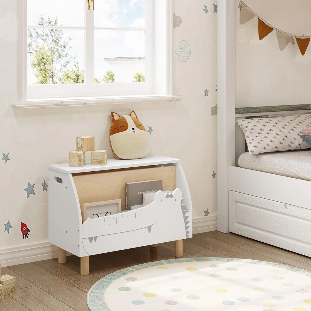Panca Contenitore per Bambini, Contenitore Porta Giocattoli in Legno a Coccodrillo, Cassapanca con Scomparto Chiuso e Aperto, Bianco, 49,5x30x44,5cm