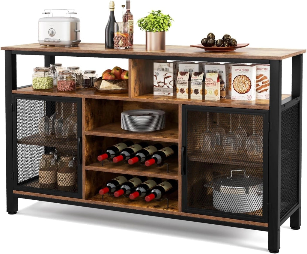 Credenza da Buffet, Mobilellto da Cucina con Portabottiglie e Portabicchieri, Porta TV per TV fino a 60" con 2 Armadietti con Anta, 3 Ripiani e 2 Scomparti Aperti, Nero/Grigio(Marrone)