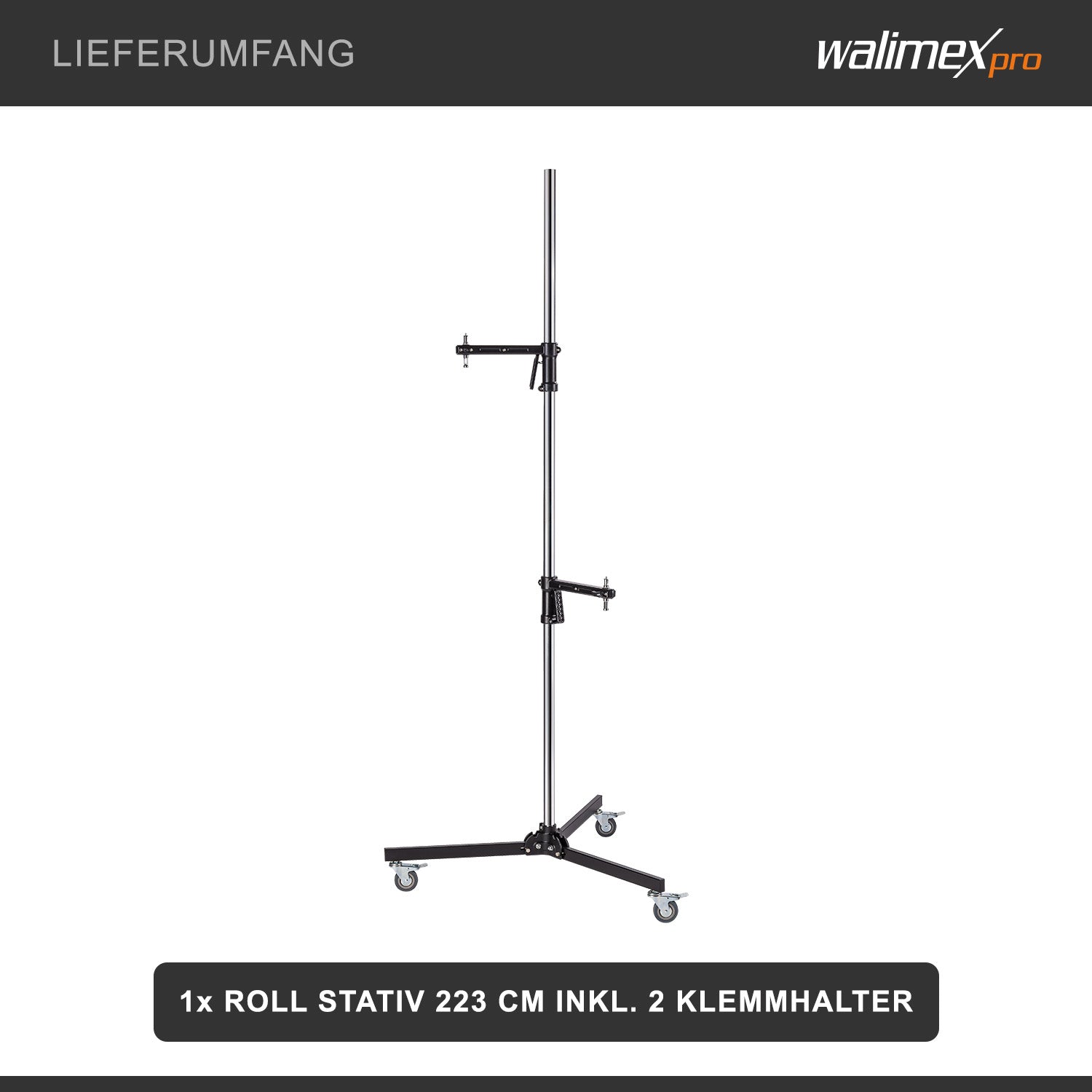 Cavalletto fotografico a rotelle 223 cm max 12 kg, Stativo per luci con due morsetti regolabili e spigot 5/8" per apparecchiature fotografiche