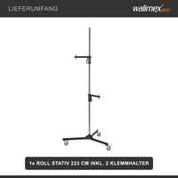 Cavalletto fotografico a rotelle 223 cm max 12 kg, Stativo per luci con due morsetti regolabili e spigot 5/8" per apparecchiature fotografiche