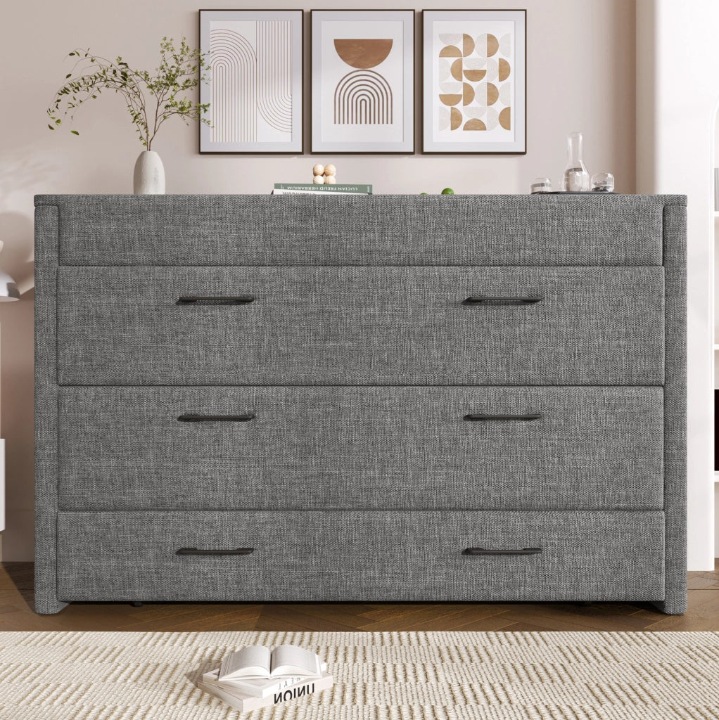Letto a scomparsa 140x200 cm grigio in lino con cassetto USB-C