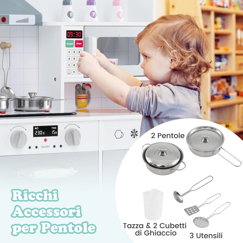 Cucina Giocattolo per Bambini, Cucina per Bambini con Frigorifero, Macchina del Ghiaccio, Lavatrice, Forno, Microonde, Lavello e Rubinetto, Con Luci e Suoni, per Bambini 3+ Anni (Grigio)