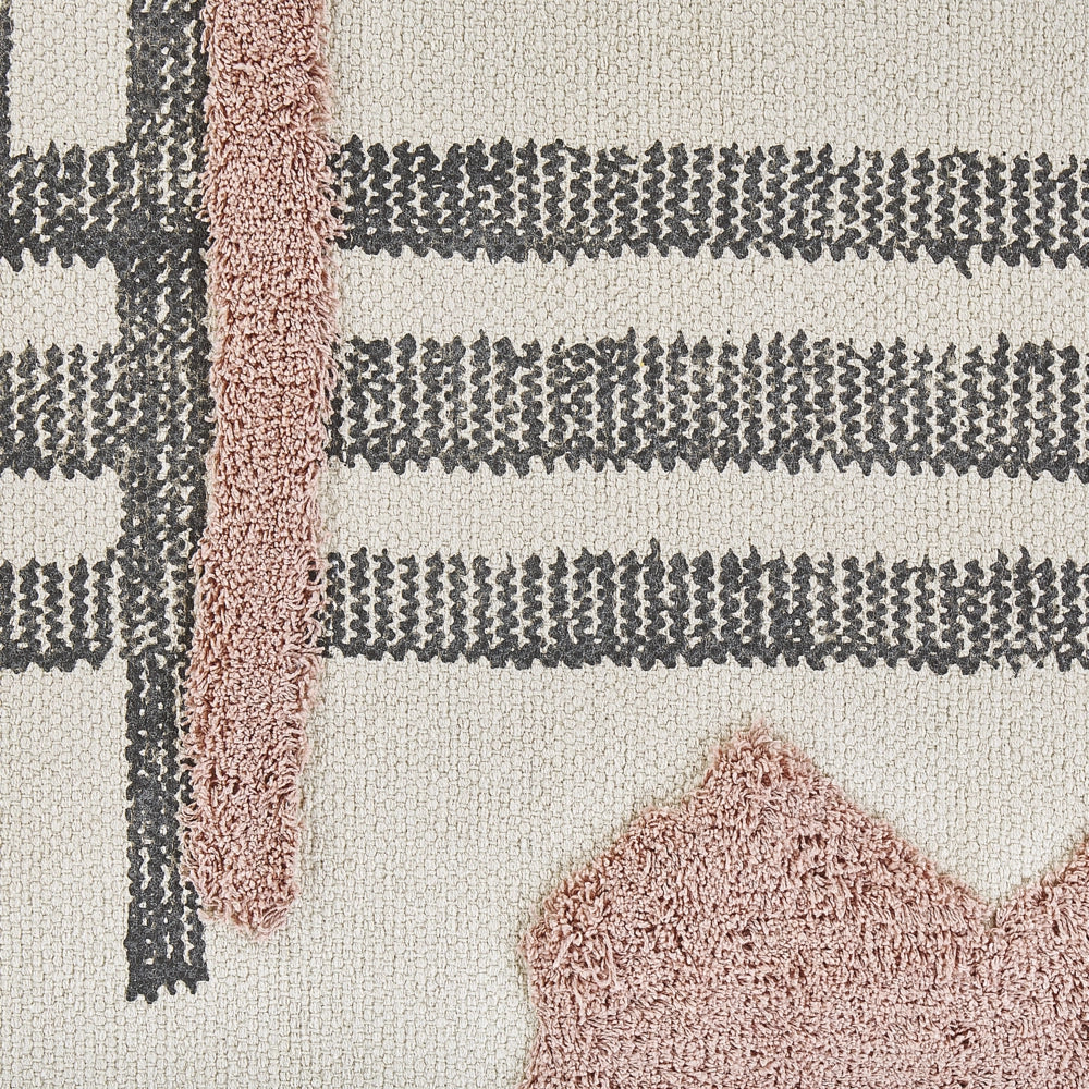 Tappeto in cotone beige e Nero tessuto a mano con frange 80 x 150 cm