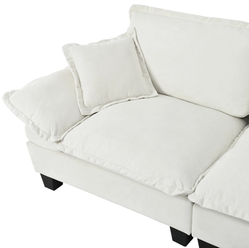 Divano modulare Cloud a forma di L in chenille beige con porta bicchieri, USB, pouf e cuscini