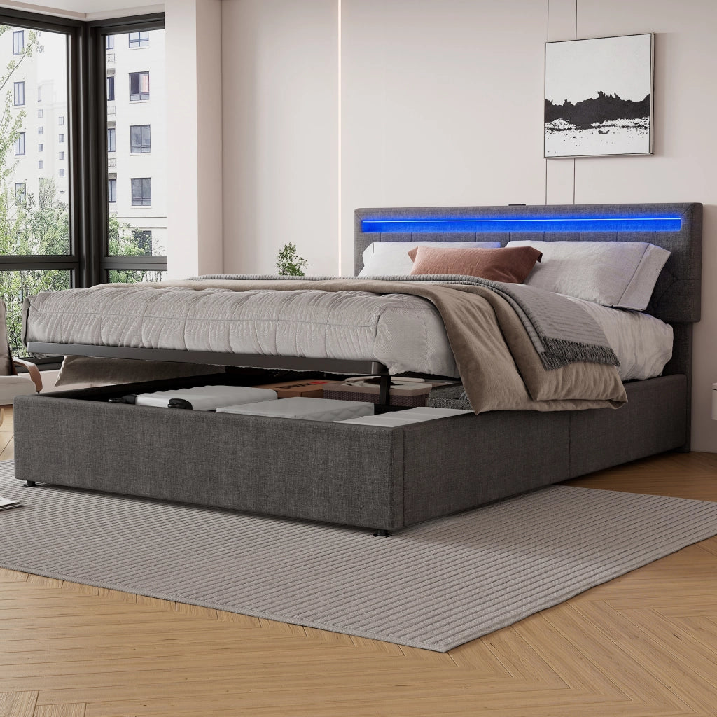 Letto imbottito matrimoniale 160 × 200 cm con contenitore sollevabile, led regolabile, usb e tipo-c, senza materasso, grigio