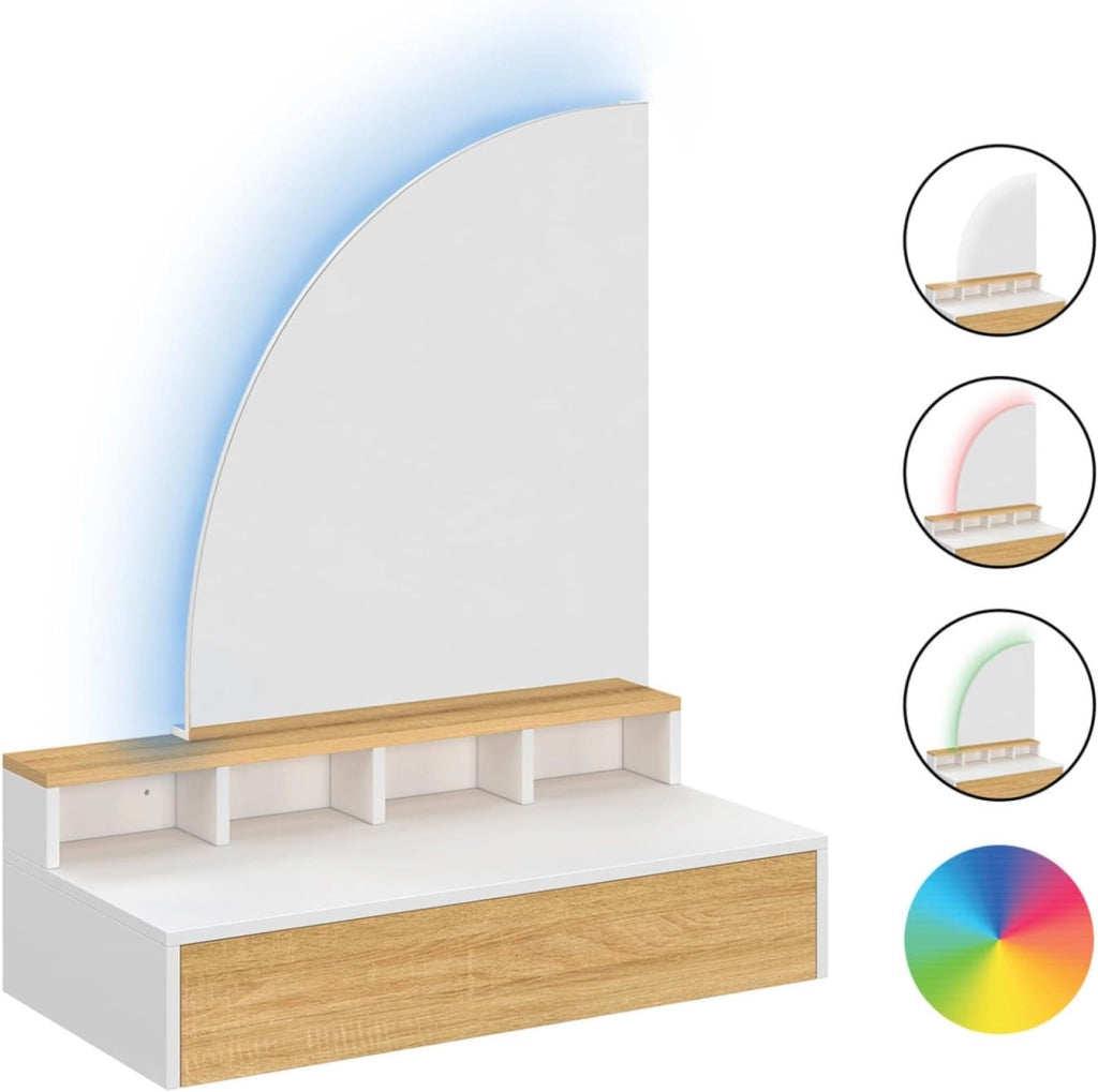 ZELIA, tavolo da toilette sospeso con specchio LED, 4 nicchie, 1 cassetto, legno e bianco