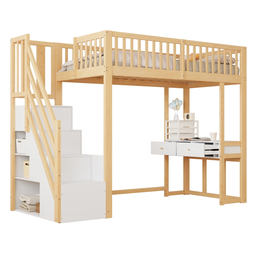 Letto a castello bianco con tavolo multifunzione in legno di pino 90x200 cm