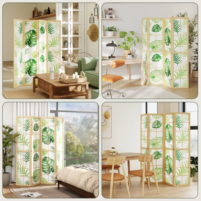 Paravento pieghevole a 4 pannelli, design boho tropicale, struttura in legno naturale, verde