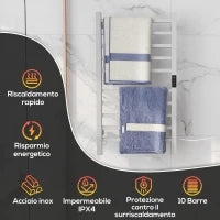 Scaldasalviette Elettrico Smart a 10 Barre con Timer e Display LCD, in Acciaio Inox, 45x11x80 cm, Bianco