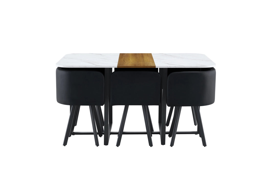 Set tavolo da pranzo 7 pezzi bianco e legno, 6 sedie in PU, struttura nera