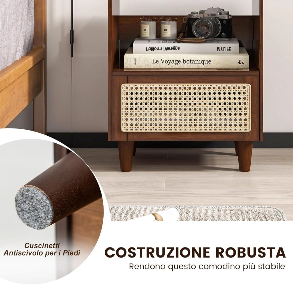 Comodino in Bambù e Rattan, Tavolino da Salotto Boho con Cassetto e Gambe in Legno Massello, Comodino Tavolino in Bambù per Camera da Letto, Soggiorno, 43 x 35 x 50 cm (2)