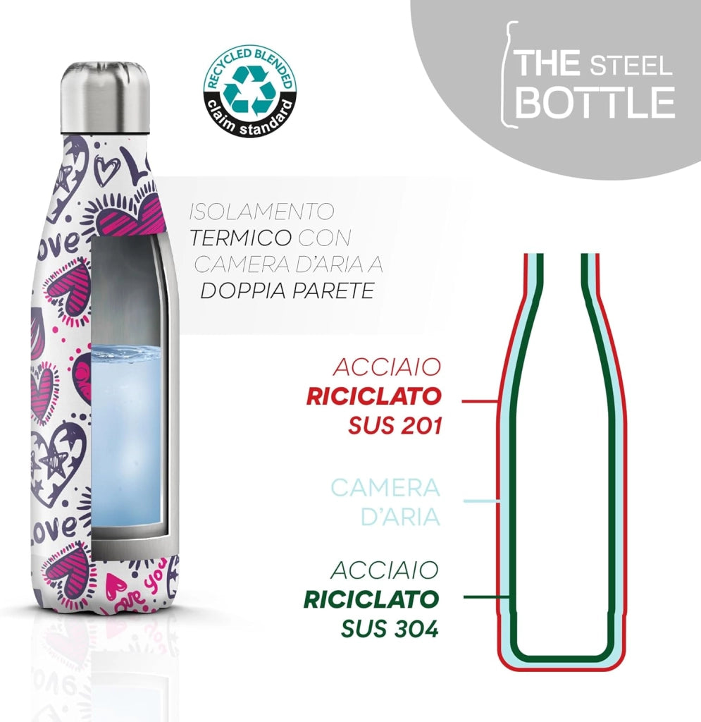 The Steel Bottle Bottiglia termica in Acciaio Inox Capacità 500 ml Chiusura Ermetica - Love