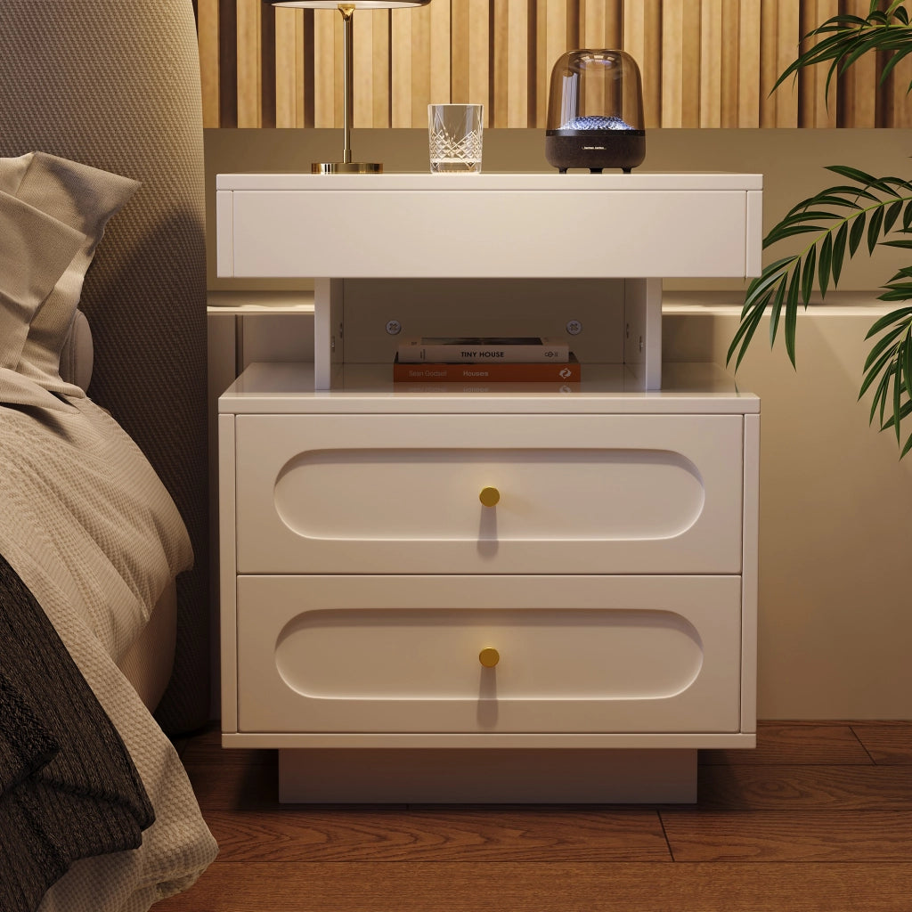 Comodino con LED, 2 cassetti e 1 vano aperto, per camera da letto, in truciolato, bianco, 100 × 40 × 60 cm